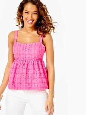 NWT Lilly Pulitzer Michela Eyelet Cami in the Pink Isle Hottie Dottie Eyelet